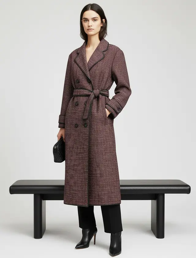 BOTTEGA VENETA イントレチャート切替 チェック ロングコート 38 レッド×ブラック ベルト付